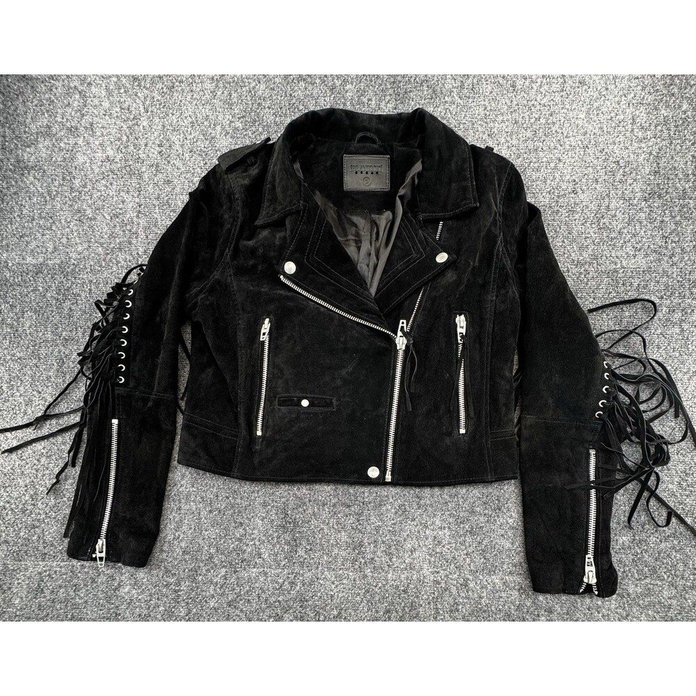 BLANKNYC Suede Fringe Moto Jacket Womens L Black Leather Biker Western Boho
